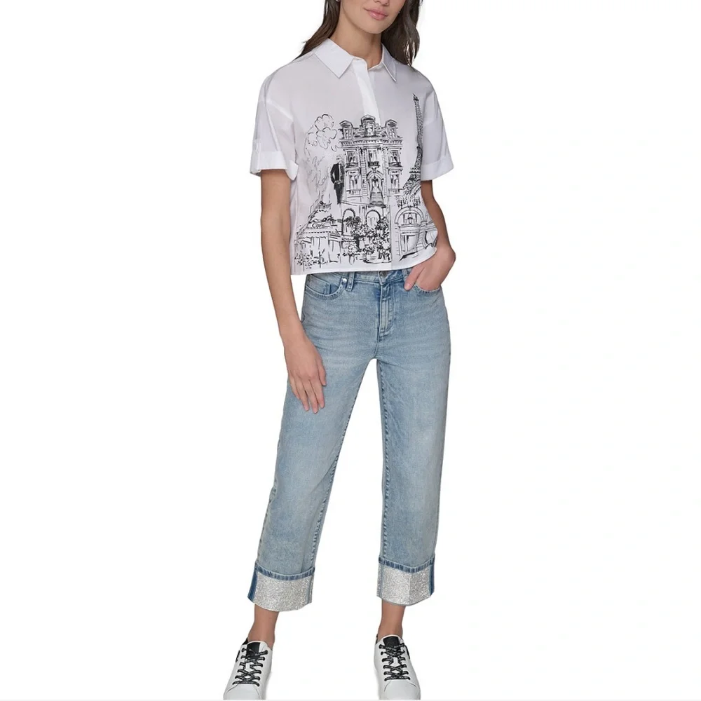 KARL LAGERFELD PARIS Cotton Crop Paris Scene Button-Front Top - Picture 2 of 10